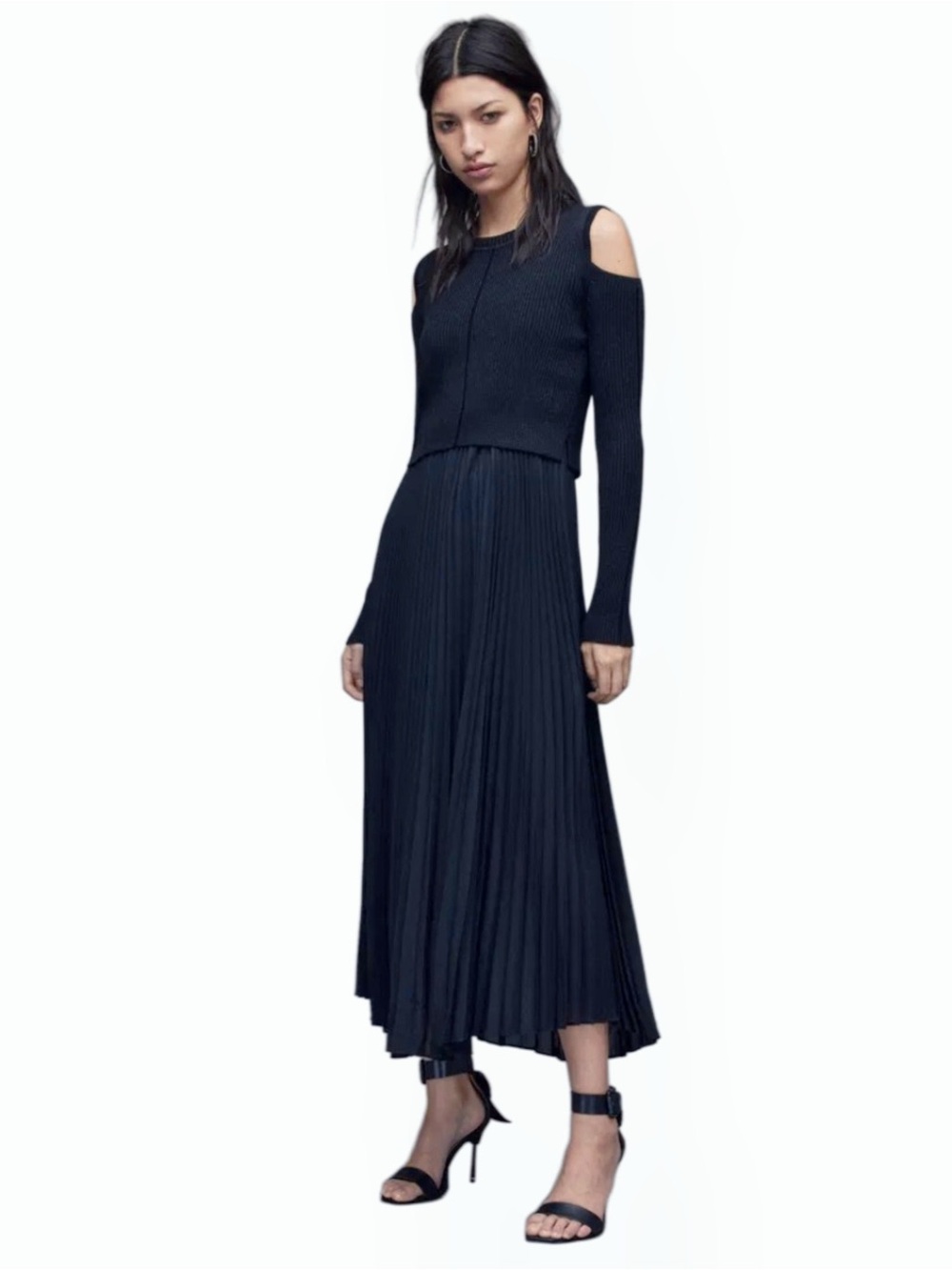 AllSaints Elara 2-in-1 Metallic Black Pleated Dress & Cold Shoulder Top — Size S